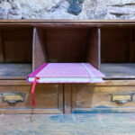 Notebook. Paper with fuchsia fabric spine. Traditional Japanese pattern Renji pink color.  - Image 2